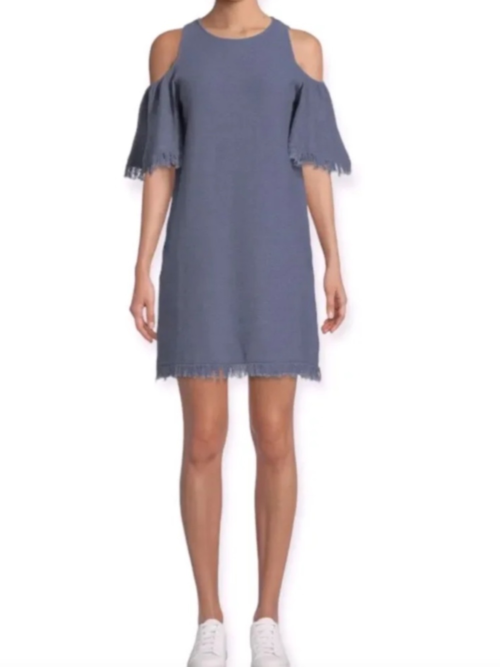 Milly Denim Knit Cold-Shoulder Fringe Dress Size XS/P Dusty Blue Coastal Cotton
